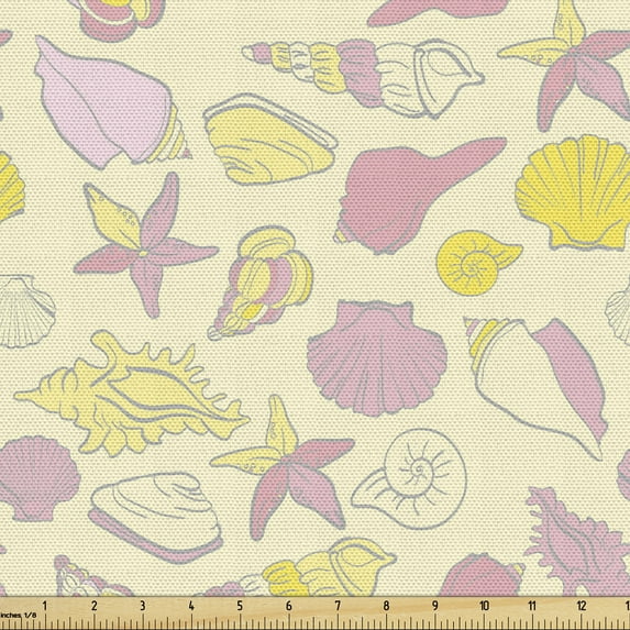 Marine Fabric by the Yard, Underwater Sea Shells Oysters Aquatic Ocean Mollusk Snail Starfish, Decorative Upholstery Fabric for Sofas and Home Accents, Pale Yellow Pale Pink by Ambesonne