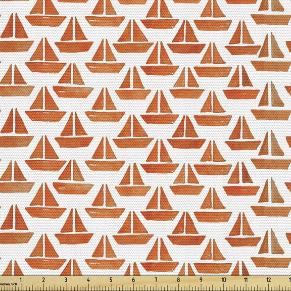 Ambesonne Marine Fabric by the Yard Upholstery, Origami Paper Boat Design, 5 Yards, Rust Orange and White