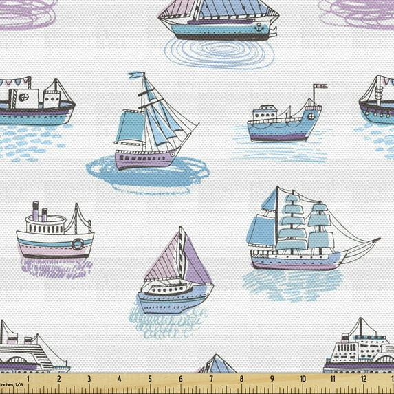 Marine Fabric by the Yard, Watercolor Yachts Boats Sailing in the Sea in Pastel Colors, Upholstery Fabric for Dining Chairs Home Decor Accents, Azure Blue Lilac by Ambesonne