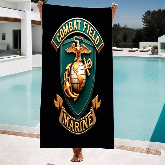 Marine Field Emblem Beach Towel - Design with Eagle Globe & Flames - Perfect for Pool Bath & Travel