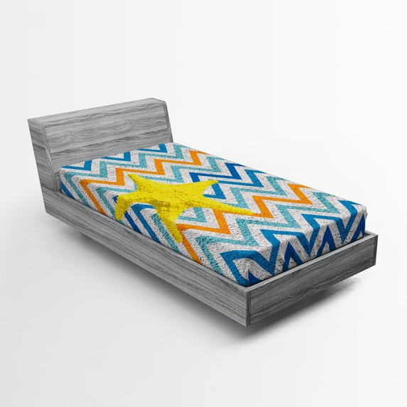 Ambesonne Marine Fitted Sheet, Angled Stripes Starfish, Twin XL Size, Multicolor