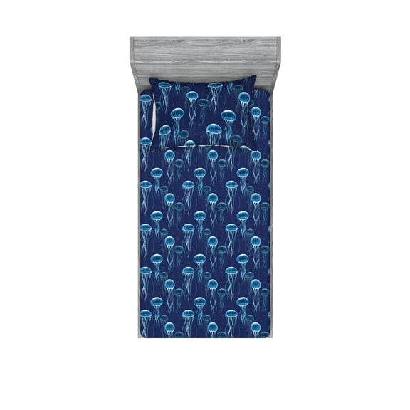 Marine Fitted Sheet & Pillow Sham Set, Jellyfish Floating in the Dark Deep Ocean Repetitive Pattern Nautical Themed, Decorative Printed 2 Piece Bedding Decor, Twinxl, Sea Blue Indigo, by Ambesonne