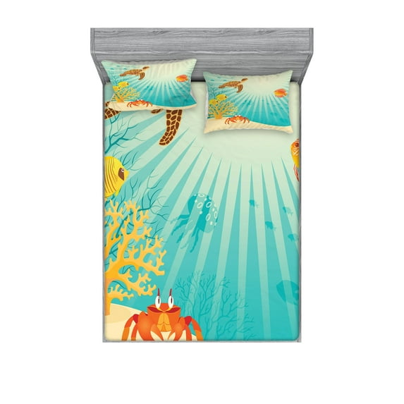 Marine Fitted Sheet & Pillow Sham Set, Tropical Fishes Crab Loggerhead Sea Turtle Oceanic Sun Reflecting Beach Cartoon, Decorative Printed 6 Piece Bedding Decor Set, Full, Multicolor, by Ambesonne