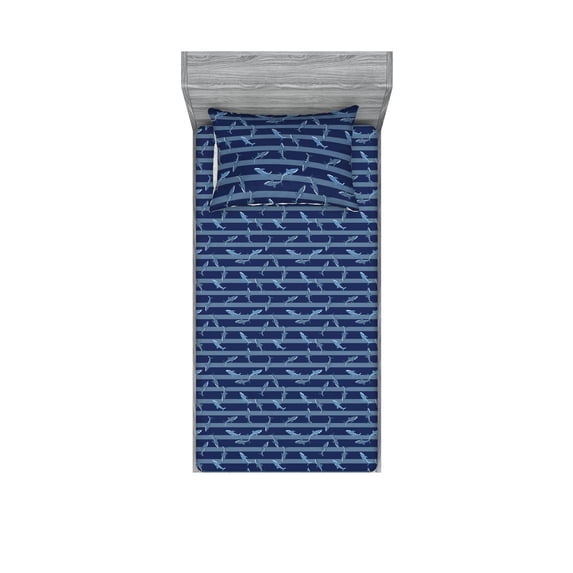 Marine Fitted Sheet & Pillow Sham Set, Whales with Spots Swimming in the Deep Ocean on Nautical Striped Back, Decorative Printed 2 Piece Bedding Decor, Twinxl, Indigo and Slate Blue, by Ambesonne