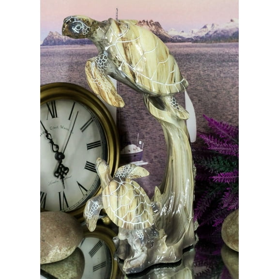 Marine Giant Sea Turtle Mother And Hatchling Baby By Corals Faux Marble Figurine