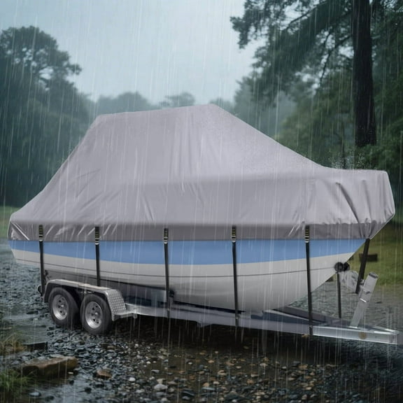 Marine Grade Waterproof Center Console Boat Cover with T Top Roof, Tear Resistant Trailerable Storage Covers, All-Weather Protection T-Top Boat Cover 22-24 ft, Beam Width Up to 108", Gray