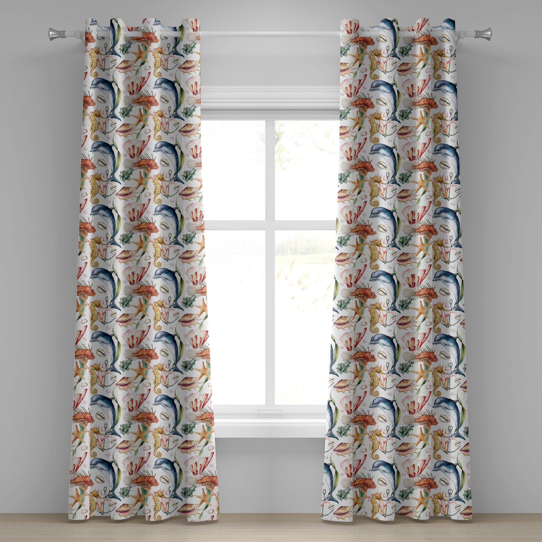 Marine Grommet Curtain, Underwater Vibes Watercolor Illustrated Dolphin
