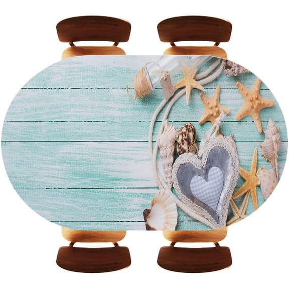 Marine Items on Wooden Planks Texture Oval Elastic Fitted Tablecloth, Decorative Tabletop for Kitchen Dinner Holiday Family Use， Fits 48"x68" Oval Tables, Style20
