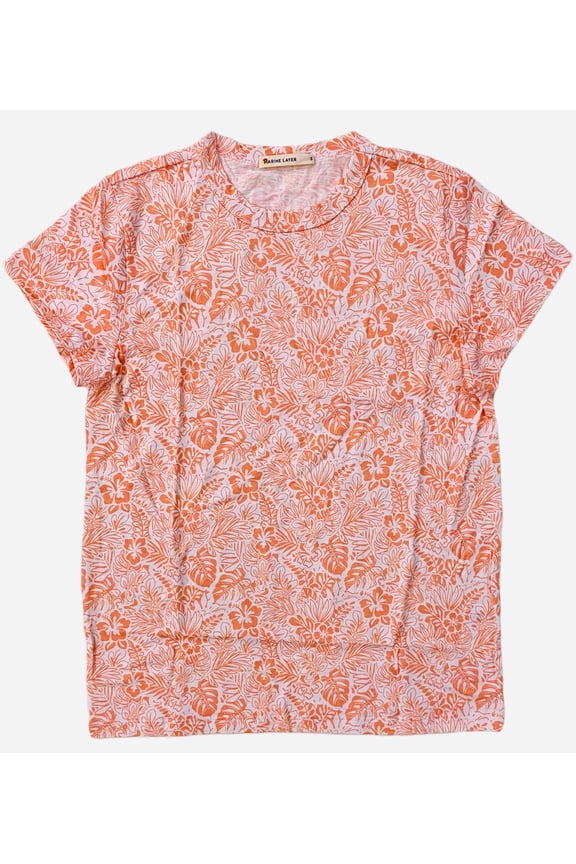 Women's Classic Crew Neck Tee T-Shirt in Papaya Hawaiian Print (Large, Papaya Hawaiian)