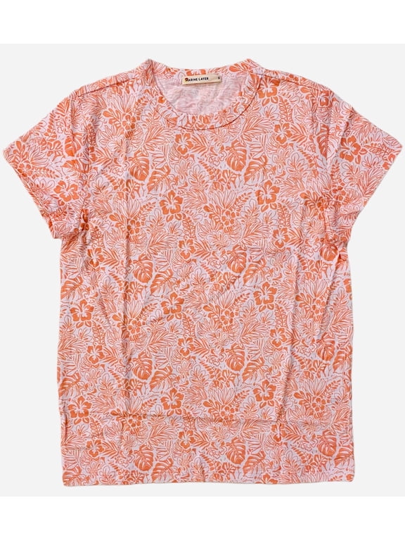 Women's Classic Crew Neck Tee T-Shirt in Papaya Hawaiian Print (Large, Papaya Hawaiian)