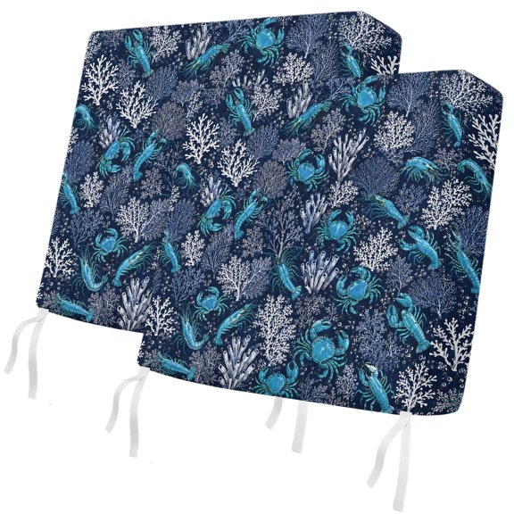 Marine Life 2 Pcs Patio Cushion Covers, Coastal Blue Lobster Crab White Coral Reef Anemone Waterproof Outdoor Cushion Cover, Replacement Washable Sofa Chair Seat Cover with Zipper 20"x18"x4"