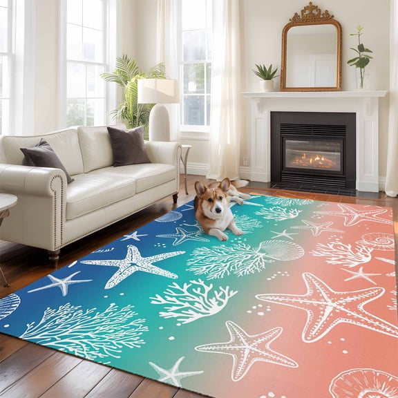 Marine Life 5x8 Rug for Bedroom Under Queen Bed Placement, Starfish Shell Coral Gradient Blue Green Red Ocean Washable Non Slip Large Rectangle Area Rug