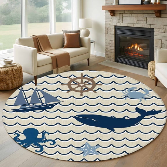 Marine Life 6FT Round Area Rugs for Living Room Ocean Nautical Beach Octopus Crab Sailboat Beige Ultra-Thin Non-Slip Round Rugs Machine Washable Low Pile Circle Carpet for Bedroom Kitchen Nursery