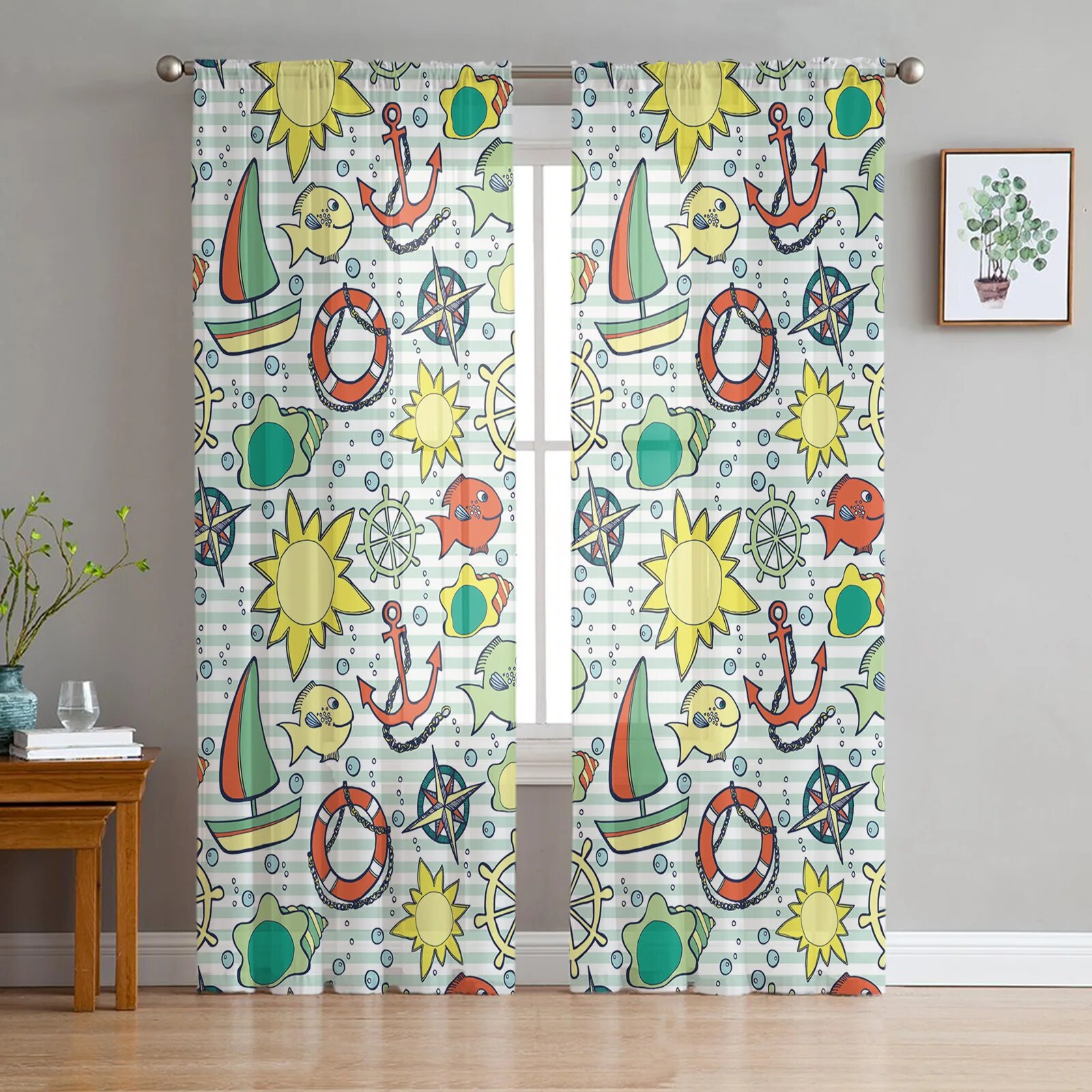 Marine Life Anchor Fish Window Curtains Bedroom Modern Drape Sheer
