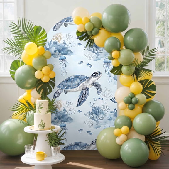 Marine Life Arch Backdrop Cover, 4FT, Sea Turtle Jellyfish Coral Blue Underwater World Spandex Arch Covers Double-Sided Backdrop for Wedding Birthday Party Photo Background Decoration