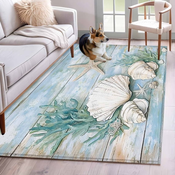 Marine Life Area Rugs 3x5 ft Coral Starfish Blue Wood Grain Washable Rug Non Slip Indoor Carpet Absorbent Floor Mat for Living Room Bedroom Dining Room