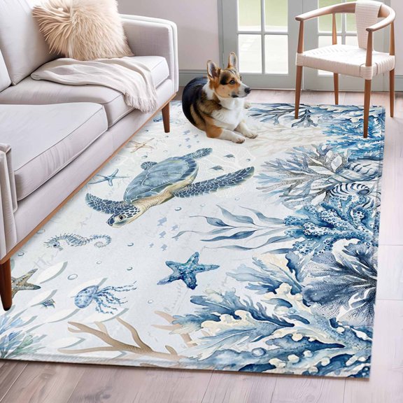 Marine Life Area Rugs 4x6 ft Ocean Turtle Coral Starfish Seashell Coastal Undersea World Washable Rug Non Slip Indoor Carpet Absorbent Floor Mat for Living Room Bedroom Dining Room