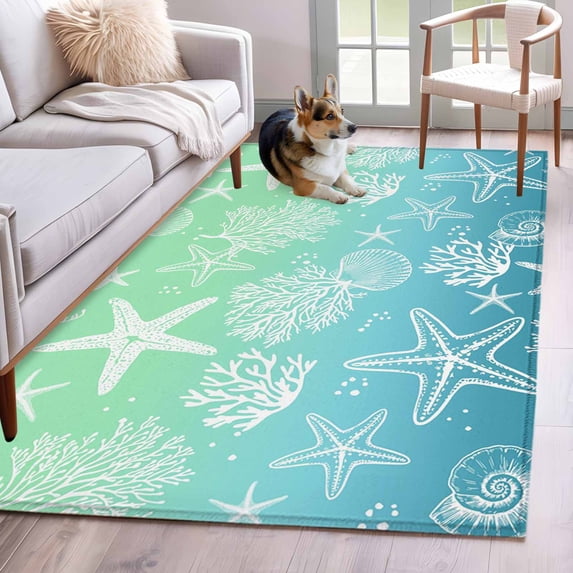 Marine Life Area Rugs 4x6 ft Starfish Shell Coral Gradient Blue Green Ocean Washable Rug Non Slip Indoor Carpet Absorbent Floor Mat for Living Room Bedroom Dining Room