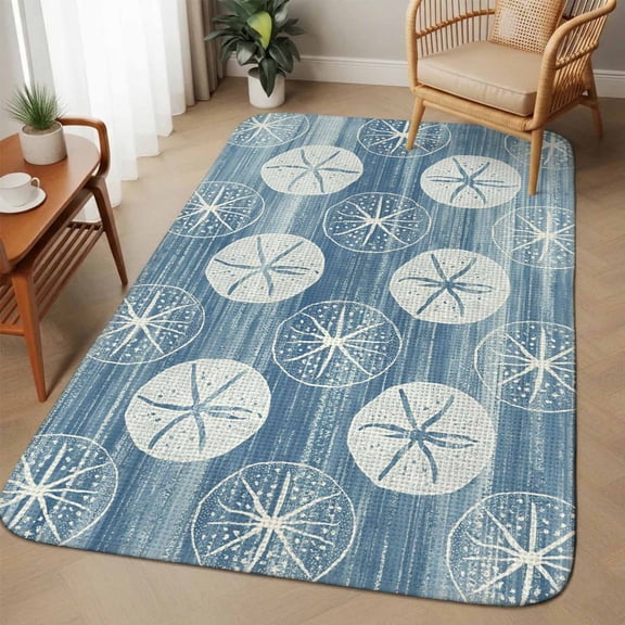 Marine Life Area Rugs for Living Room 5x6, Summer Beach Sea Biscuit Light Blue Sand Dollar Washable Area Rug with Non Slip Backing, Stain Resist Linen Carpet for Bedroom, Dining Room, Entrance