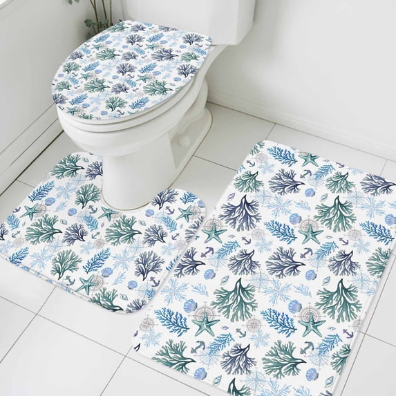 Marine Life Bathroom Rugs Set Blue Starfish Shell Coral Watercolor Ocean Non Slip Absorbent Soft Bath Mats 3 Piece Set with Bathroom Rug, U-Shaped Floor Mat, Toilet Seat Cover Large Size