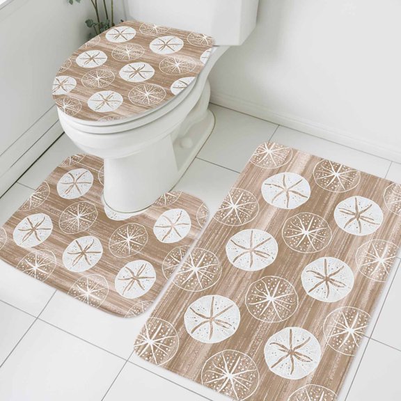 Marine Life Bathroom Rugs Set Summer Beach Sea Biscuit Khaki Sand Dollar Non Slip Absorbent Soft Bath Mats 3 Piece Set with Bathroom Rug, U-Shaped Floor Mat, Toilet Seat Cover Small Size