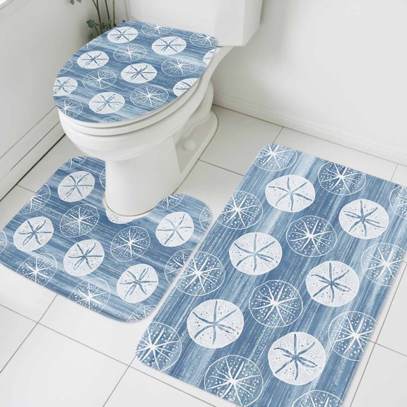 Marine Life Bathroom Rugs Set Summer Beach Sea Biscuit Light Blue Sand Dollar Non Slip Absorbent Soft Bath Mats 3 Piece Set with Bathroom Rug, U-Shaped Floor Mat, Toilet Seat Cover Small Size