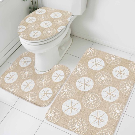 Marine Life Bathroom Rugs Set Summer Beach Sea Biscuit Sand Dollar Linen Texture Non Slip Absorbent Soft Bath Mats 3 Piece Set with Bathroom Rug, U-Shaped Floor Mat, Toilet Seat Cover Small Size