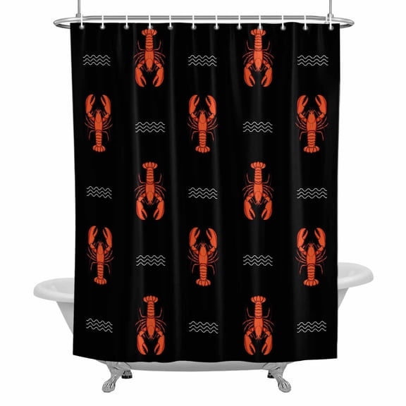 Marine Life Bathroom Shower Curtain, Red Lobster Ocean Wave Abstract Summer Black Waterproof Washable Soft Bath Curtain for Bathtub Decor with 12 Hooks&Grommet, 48x72 Inch