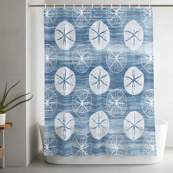 Marine Life Bathroom Shower Curtain, Summer Beach Sea Biscuit Light Blue Sand Dollar Waterproof Washable Soft Bath Curtain for Bathtub Decor with 12 Hooks&Grommet, 36x72in