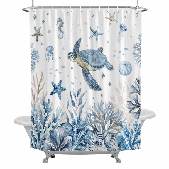 Marine Life Bathroom Shower Curtain, Watercolor Ocean Turtle Coral Starfish Seashell Coastal Waterproof Washable Soft Bath Curtain for Bathtub Decor with 12 Hooks&Grommet, 48x72 Inch