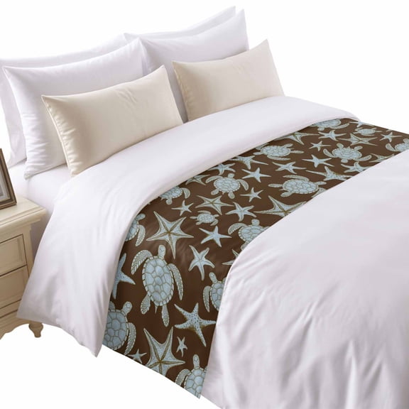 Marine Life Bed Runner for Queen Size Bed, Vintage Blue Sea Turtles Starfish Black Background Soft Bedding Scarf Bedding Protector Slipcover Sofa Throw for Bedroom Hotel Guesthouse
