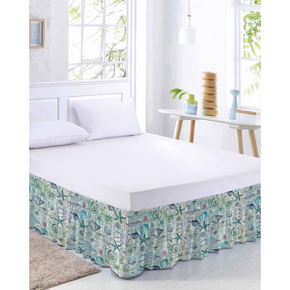 Marine Life Bed Skirt Queen Size 16 Inch Drop, Sea Starfish Shell Conch Bubbles Green Wood Grain Adjustable Elastic Dust Ruffles Bedskirt for Queen Bed Wrap Around Pleated Mattress Frame Cover