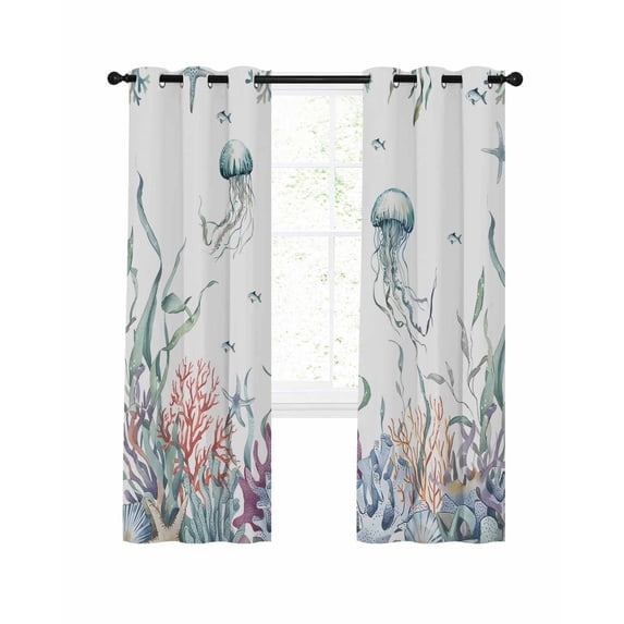 Marine Life Blackout Curtains for Bedroom Living Room, Jellyfish Starfish Shell Corals Oceans 72 In Long Thermal Insulated Room Darkening Drapes Grommet Window Treatments, 52 x 72 In