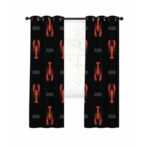 Marine Life Blackout Curtains for Bedroom Living Room, Red Lobster Ocean Wave Abstract Summer Black 39 In Long Thermal Insulated Room Darkening Drapes Grommet Window Treatments, 27.5 x 39 In