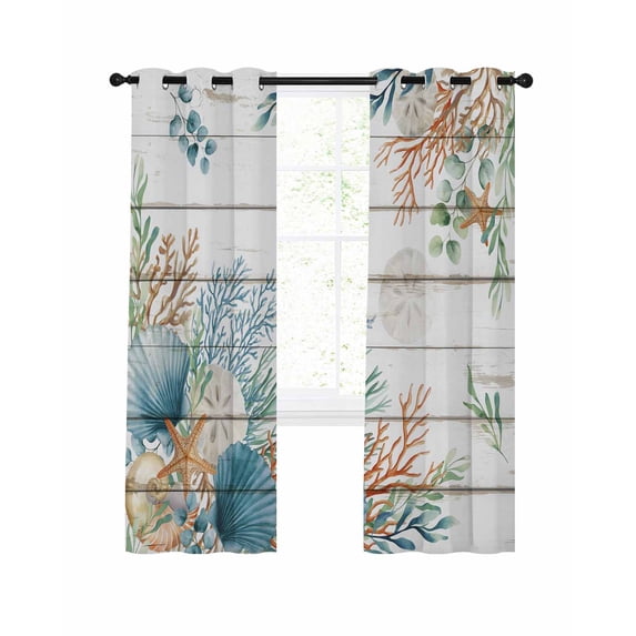 Marine Life Blackout Curtains for Bedroom Living Room, Shell Coral Eucalyptus Leaves Wood Grain 54 In Long Thermal Insulated Room Darkening Drapes Grommet Window Treatments, 42 x 54 In