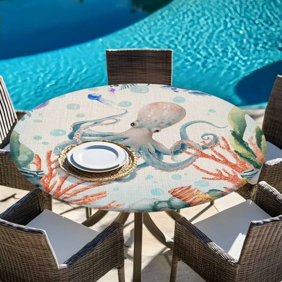 Marine Life on Burlap Round Fitted Tablecloth with Elastic Edge,Waterproof Table Cloth Fits Tables Up to 45"-54",Washable Table Cover for Indoor Outdoor Dinning Party,Ocean Octopus Coral Seaweed
