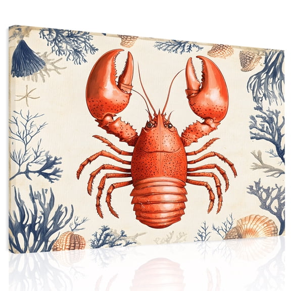 Marine Life Canvas Print Wall Art, Red Lobster Shell Seaweed Wall Decor Modern Artwork Paintings Pictures for Living Room Framed and Stretched Ready to Hang, 16" x 20"