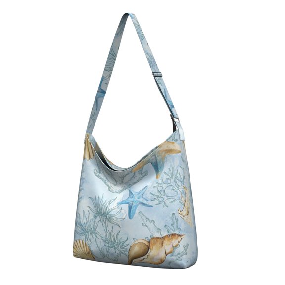 Marine Life Canvas Tote Bag – Seahorse and Fish Pattern with Tropical Beach Seashells and Nautical Elements, Durable and Foldable