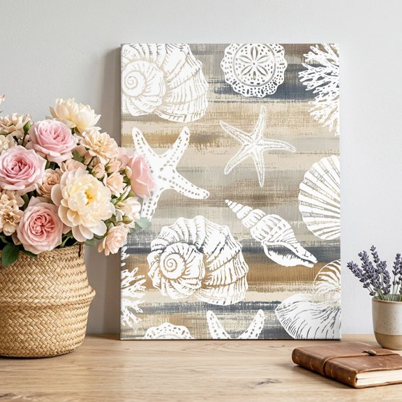 Marine Life Canvas Wall Art, Brown White Sea Starfish Shells Conch Beige Grey Pictures Wall Decor Wooden Framed Artwork Art Prints for Living Room Hallway Bedroom Office 8"x10"