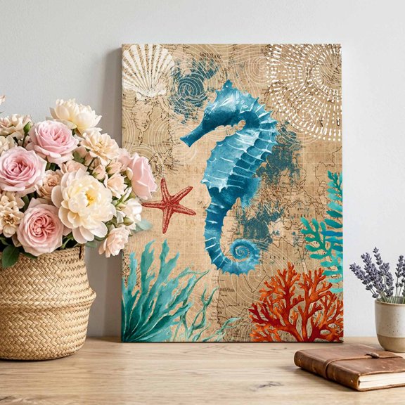Marine Life Canvas Wall Art, Hippocampus Starfish Shell Coral Seaweed Blue Ocean Retro Pictures Wall Decor Wooden Framed Artwork Art Prints for Living Room Hallway Bedroom Office 8"x12"