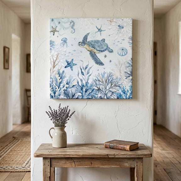 Marine Life Canvas Wall Art for Living Room Bedroom Bathroom, Ocean Turtle Coral Starfish Seashell Coastal Undersea World Canvas Art Wall Decor, Artwork for Walls Home Office Decor, 8"x8"