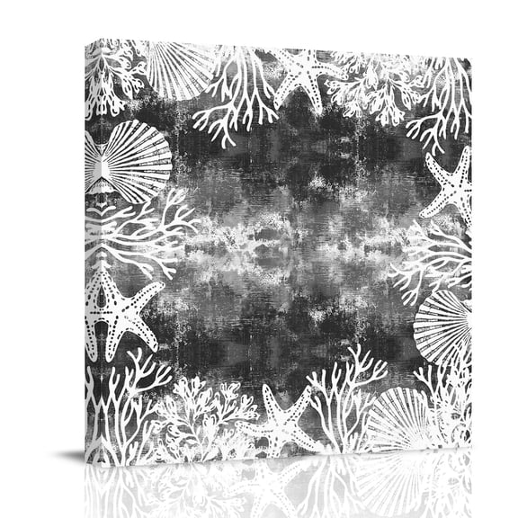 Marine Life Canvas Wall Art for Living Room, Nautical Gray White Coral Starfish Shell Black Grey Wall Decor Framed Artwork Pictures Ready to Hang for Bedroom Office Home Decor