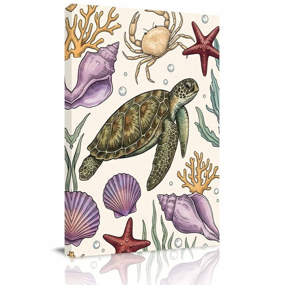 Marine Life Canvas Wall Art for Living Room, Seahorse Turtle Purple Conch Seashell Crab Coral Starfish Wall Decor Framed Artwork Pictures Ready to Hang for Bedroom Office Home Decor