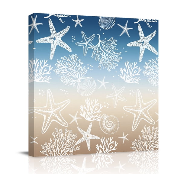 Marine Life Canvas Wall Art for Living Room, Starfish Shell Coral Gradient Blue Brown Ocean Poster Print Painting for Bedroom Office Home Decoration Wall Pictures Prepare To Hang 8"x8"