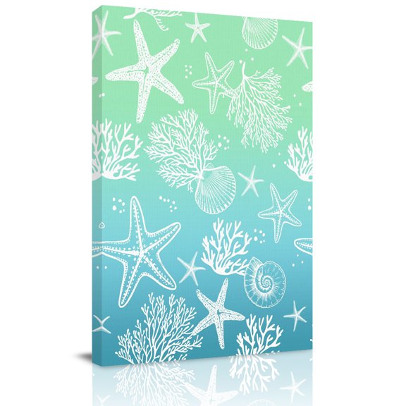 Marine Life Canvas Wall Art for Living Room, Starfish Shell Coral Gradient Blue Green Ocean Wall Decor Framed Artwork Pictures Ready to Hang for Bedroom Office Home Decor
