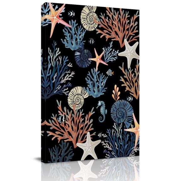 Marine Life Canvas Wall Art for Living Room, Watercolor Seahorse Coral Starfish Black Background Wall Decor Framed Artwork Pictures Ready to Hang for Bedroom Office Home Decor