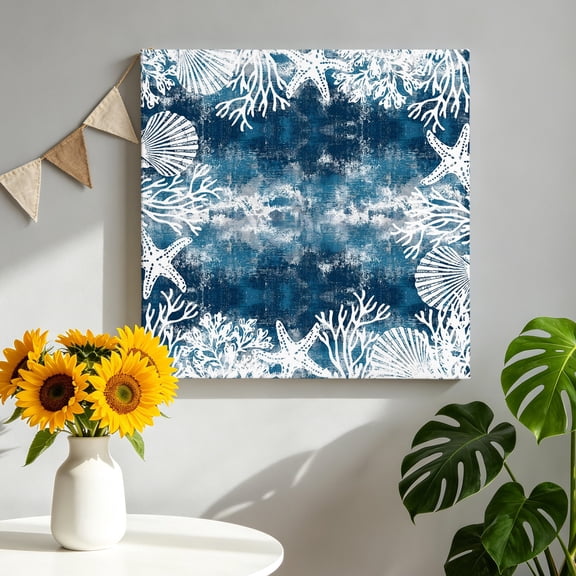Marine Life Canvas Wall Art, Nautical Blue White Coral Starfish Shell TBlue Pictures Wall Decor Wooden Framed Artwork Art Prints for Living Room Hallway Bedroom Office 8"x8"