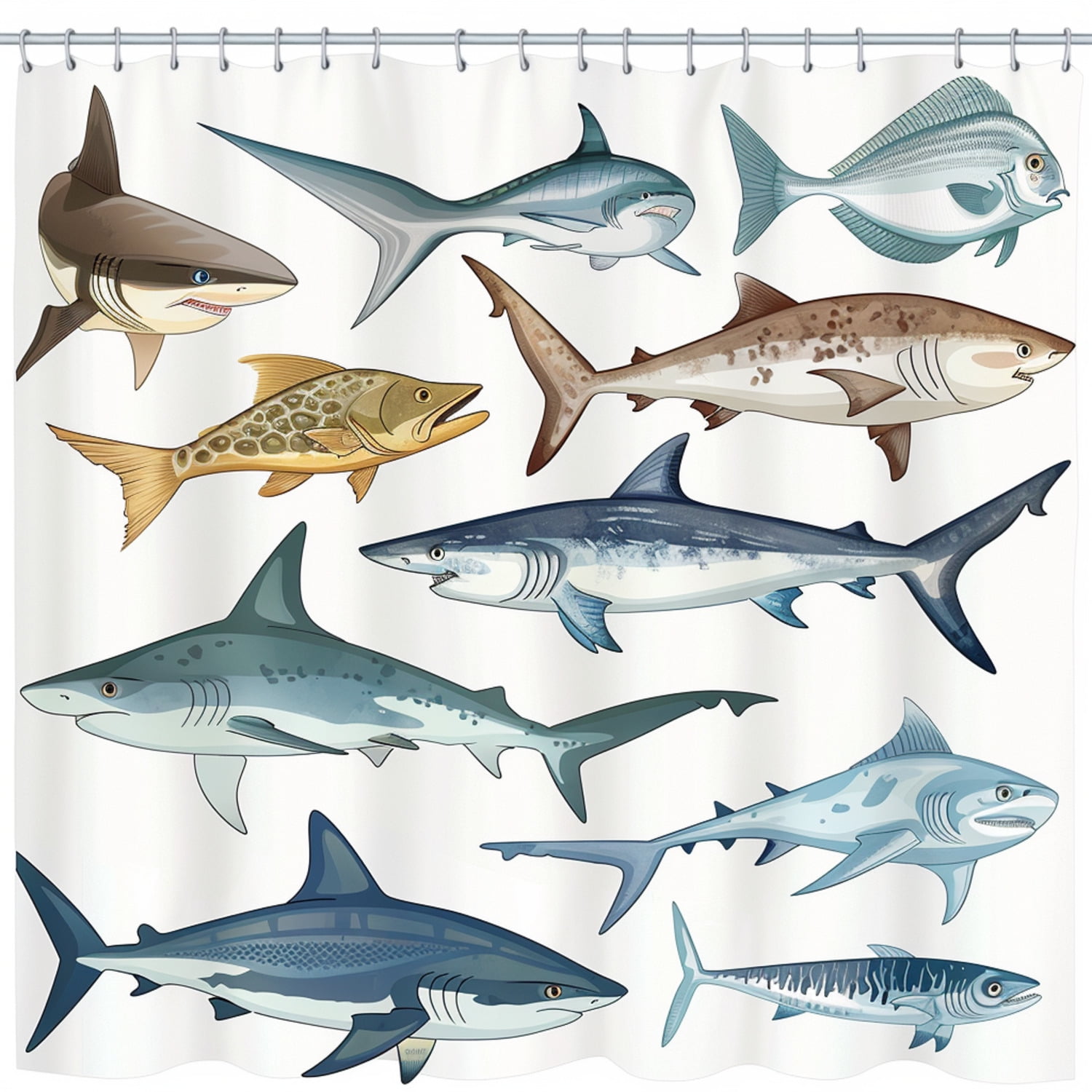 Marine Life Cartoon Shower Curtain Fish and Shark Illustrations in Grey