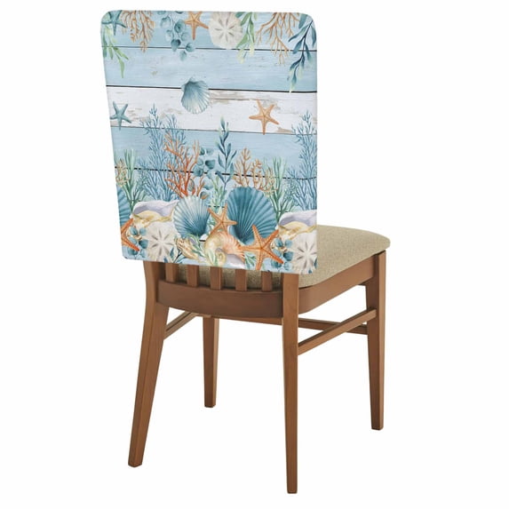 Marine Life Chair Covers Set of 8 Shell Starfish Coral Eucalyptus Leaves Blue Wood Grain Chair Back Covers Stretch Removable Washable Slipcovers Protector for Dining Room Kitchen Party Decor