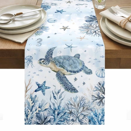 Marine Life Cotton Linen Table Runner Blue Ocean Turtle Coral Starfish Seashell Coastal Dining Table Runners for Home Decor Party Dining Room Restaurant Kitchen Party 13" x 36"